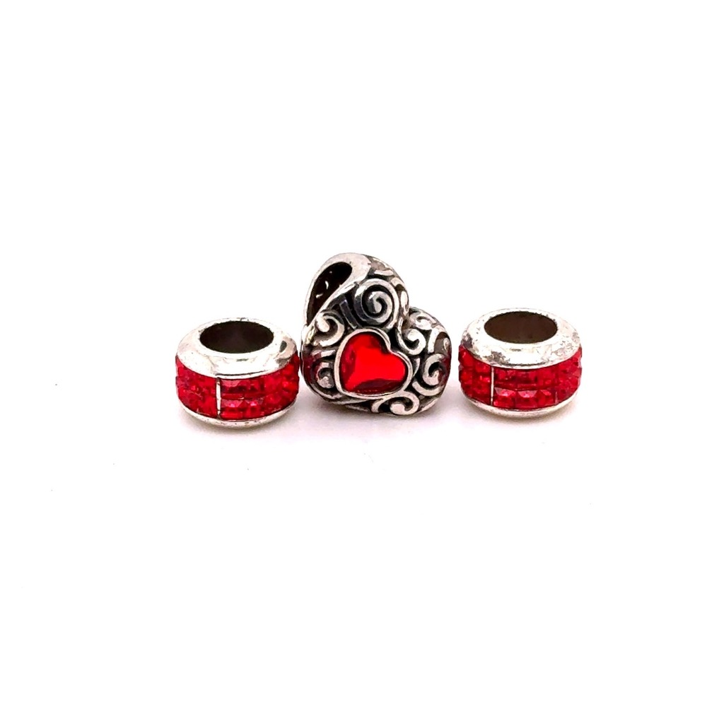 Brighton Red Crystal Heart Charm and Spacer Bead Set Silver Tone 3 Piece